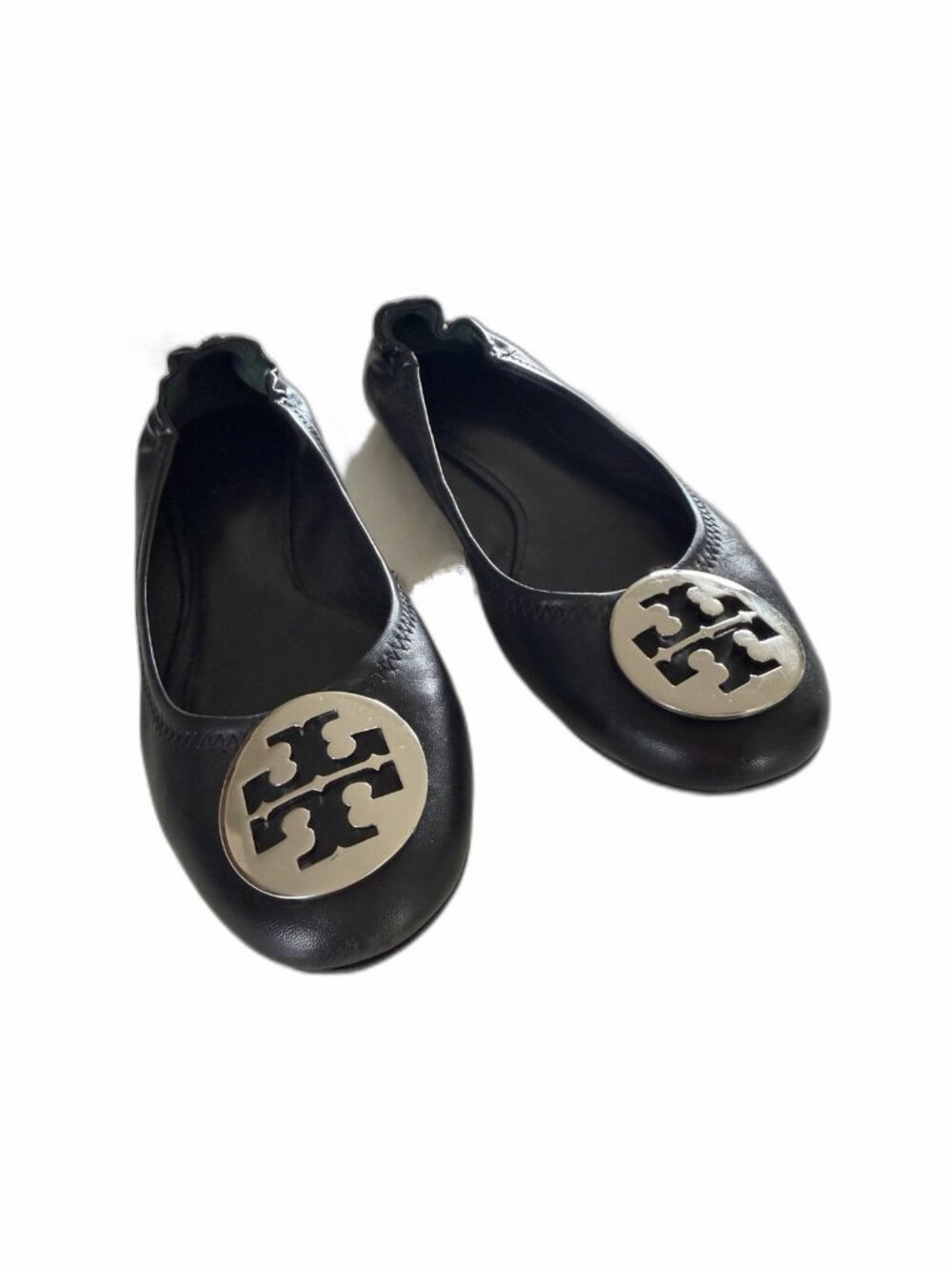 Tory Burch Reva Black Leather Ballet Flats Silver Logo 7.5